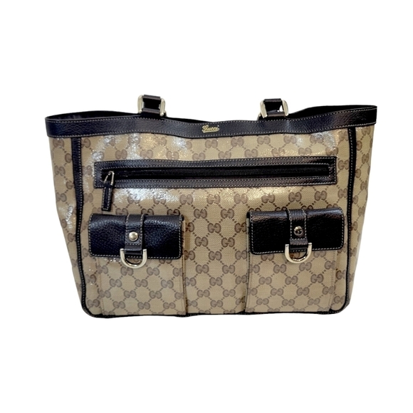 Gucci Abbey Brown & Beige Crystal Wax Canvas Monogram Pocket Tote - Picture 5 of 14